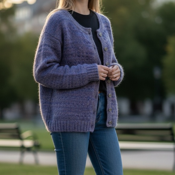 Vintage Made in Canada Freda Condon Purple Wool Handmade Knit Cardigan Large - Picture 2 of 9